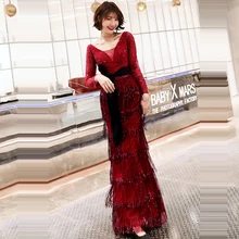 Вечернее платье с длинным рукавом, женские вечерние платья, платье с кисточками, De Soiree, v-образный вырез, открытая спина, длина до пола, официальные платья F196