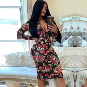 

NewAsia Printed Zipper Sexy Dress Women Long Sleeve Midi Bodycon Dress V Neck Elegant Party Dresses Knee Length Vestidos De Fest