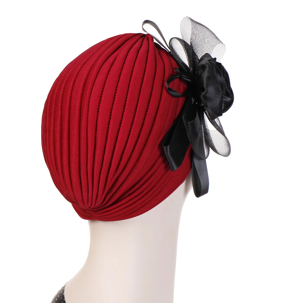 Big Flower Muslim Women Indain Hat Scarf Caps Chemo Turban Islamic Head Cover Party Evening Bonnet Pleated Vintage Elegant Hat 4
