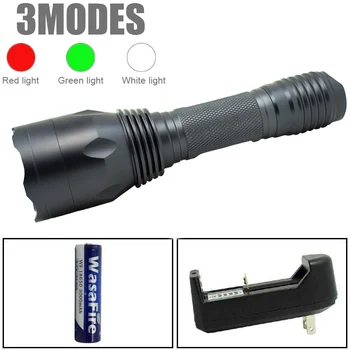 

Portable 1800 Lumen Q5 LED Tactical Hunting Flashlight Aluminum Alloy Torch Red/Green/White Light with 18650 Battery+Charger