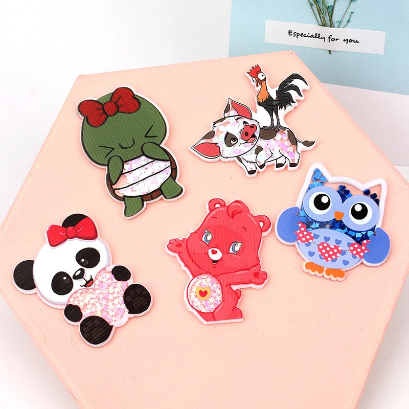 

IBOWS Acrylic Quicksand Shakers Flat Back Stickers Back to School Animals Theme DIY Hair Bows Crafts Phone Case Decoration 5 pcs