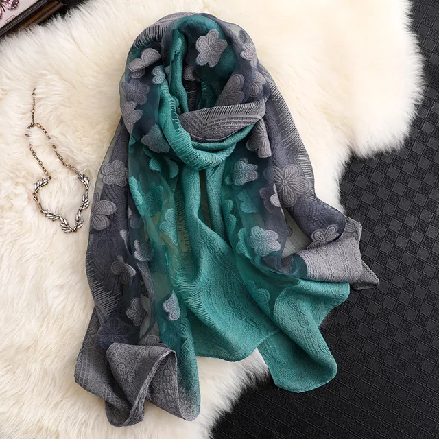 2024 NEW Fashion Women Cut Flowers Hollow Lace Gradient Flower Silk Scarf Spring Shawls and Wraps Towel Femme Beach Sjaals 3