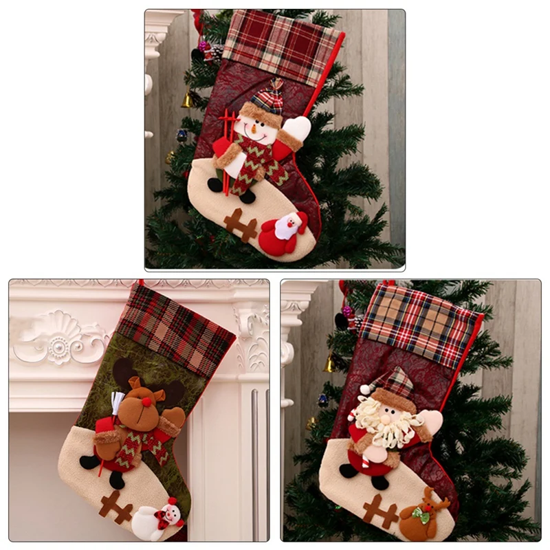 3D клетчатые рождественские чулки, большие яркие Висячие Сумки носки дизайн для семьи детей Декор Рождественская елка