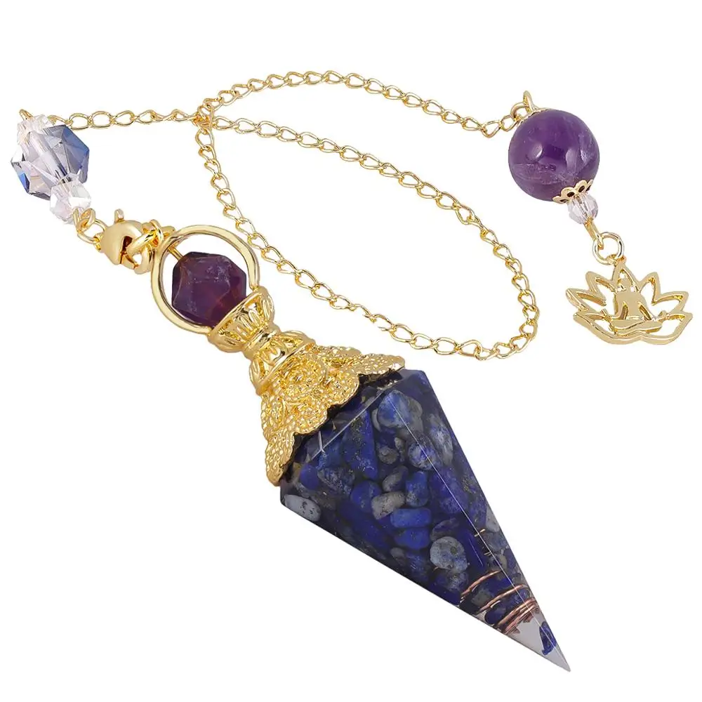 Lapis Lazuli TUMBEELLUWA Исцеление Кристалл точка маятник для гадания, чакра каменная крошка 6 граней кулон золотой цвет цепи рейки дюбсинг - Окраска металла: Lapis Lazuli