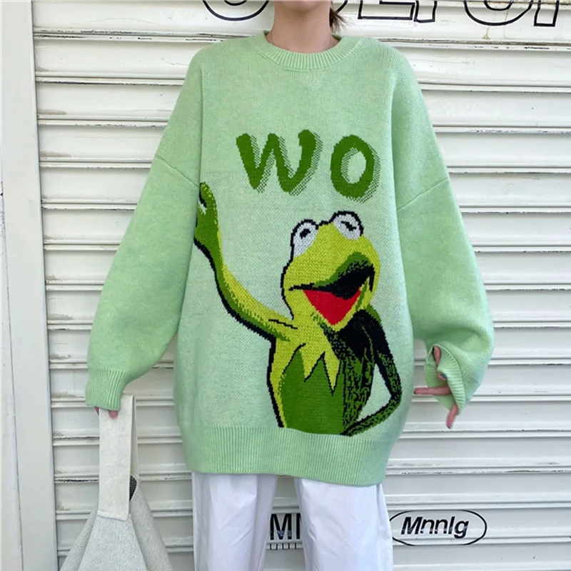 Свитер с лягушкой из мультфильма, Женский вязаный джемпер большого размера, Свободный пуловер с длинным рукавом, пуловеры с надписями, зеленый цвет, Осень-зима, корейский стиль, винтажный, W154 - Цвет: Green