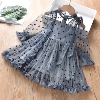 

2020 Summer Children Girls Pincess Dresses Mesh Dots Long Sleeve Clothes Lace Cute Dress for1-5Yrs Kids
