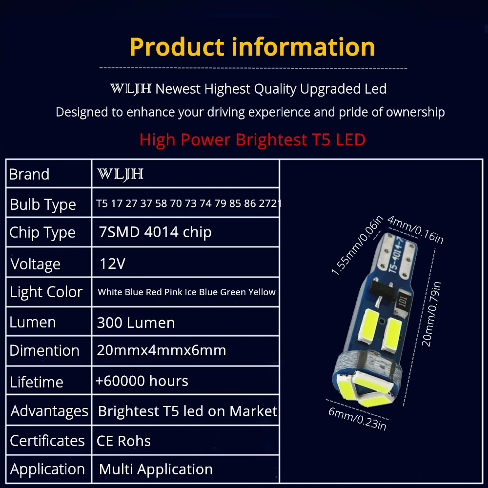 WLJH 10x ярких T5 светодиодный 17 37 73 74 286 2721 7 4014SMD автомобиль приборной панели Датчик