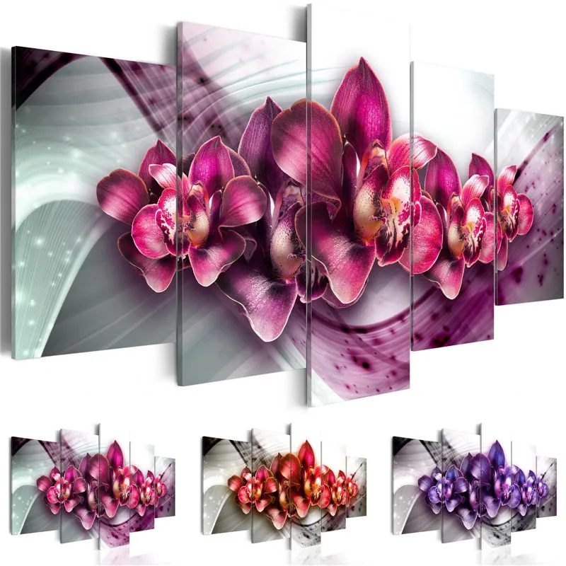 

Canvas Pictures Home Decor 5 Pieces Elegant Butterfuly Orchid Abstract Background Painting Modular Prints Flower Poster Wall Art
