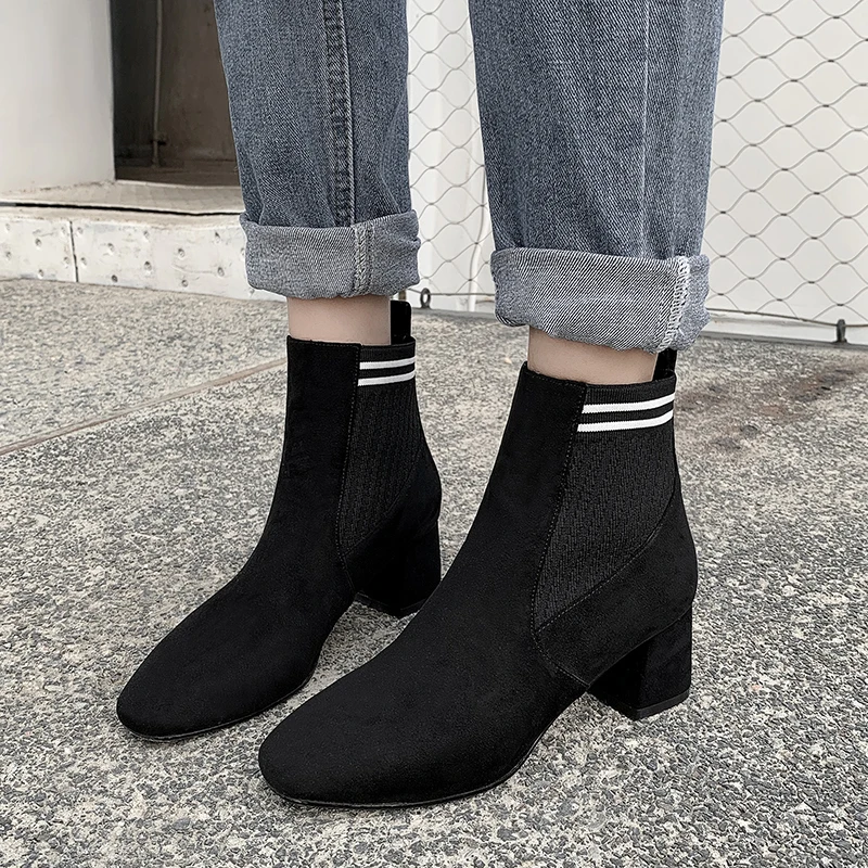 

Women High Heel Elastic Band Ankle Boots Elegant Ladies Square Heel Booties Winter Suede Short Boots Women Beige Black Brand