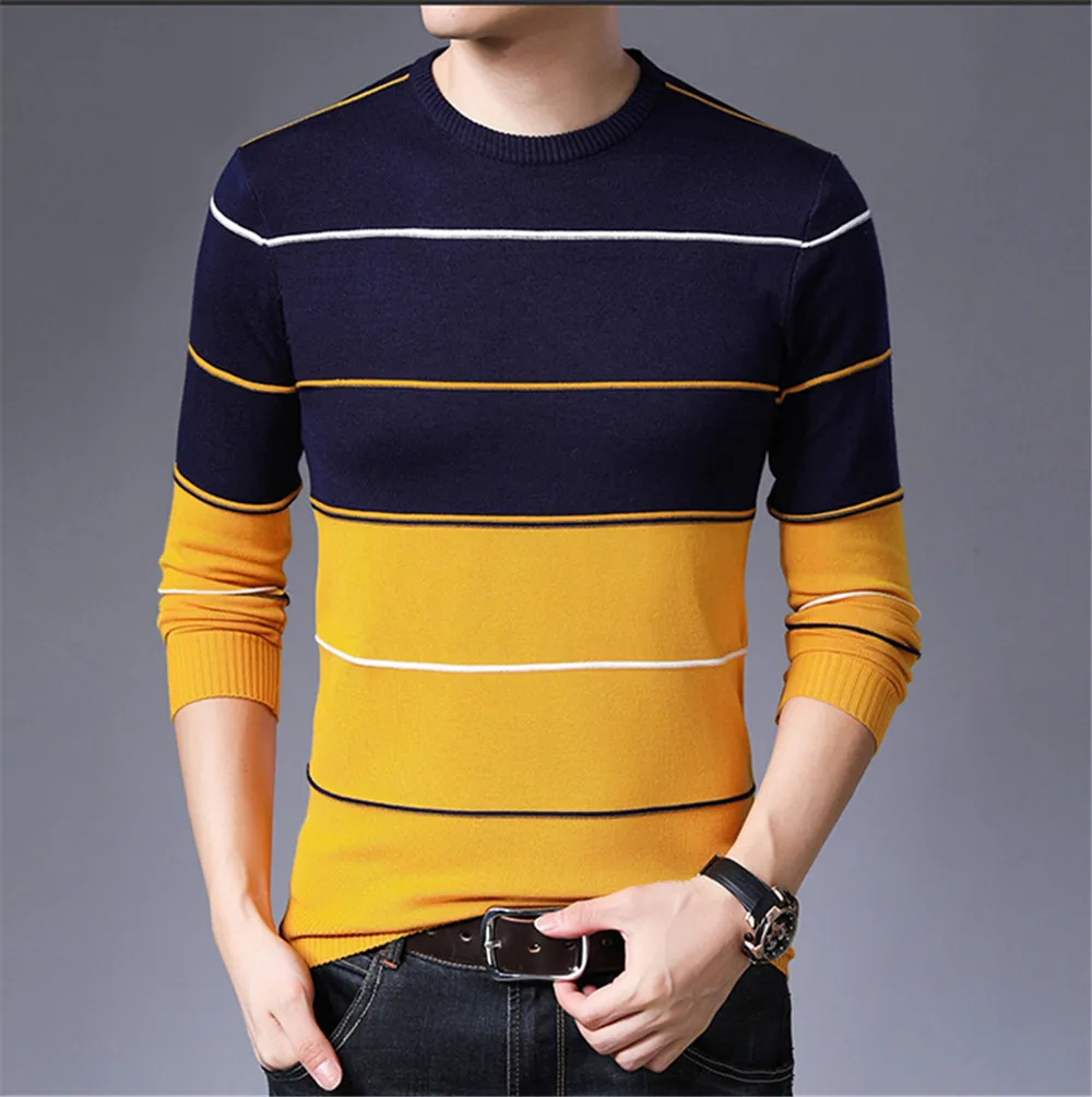 Мужской свитер, модные пуловеры на осень и зиму, теплый мужской свитер в полоску, облегающий вязанный шерстяной свитер, мужская повседневная одежда