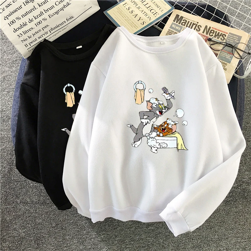 Женская толстовка с капюшоном Tom& Jerry, милый мультяшный пуловер, спортивный костюм, Harajuku, эстетическая толстовка с капюшоном, Kawaii, уличная одежда, негабаритная толстовка с капюшоном