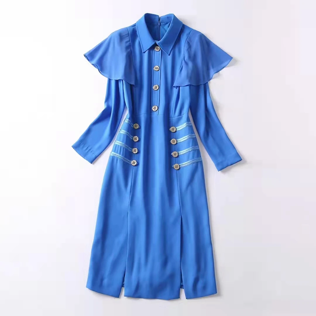 

European and American women's clothing autumn winter 2022 new Long sleeve cape sleeve lapel Fashionable slit fishtail dress