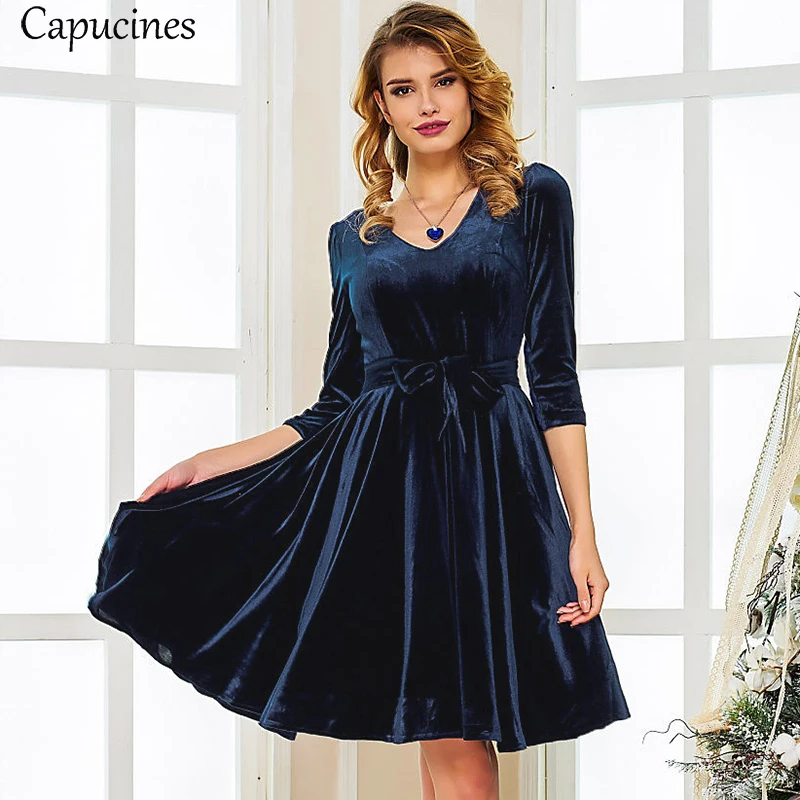 Ladies Fashion V-Neck Sashes Mini Velvet Dresses Autumn Winter 3/4 Sleeves Slim A Line Dress Women Vintage Party Dress Vestidos