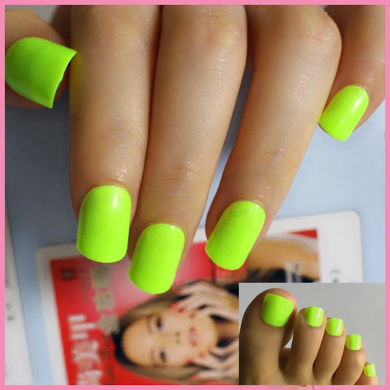 Uñas de los pies postizas y uña falsa, Color amarillo fluorescente,  precoloreadas, superficie lisa, acrílicas artificiales, 24CT|Uñas postizas|  - AliExpress