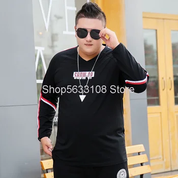 

Super Fat Man Big Size Men's Wear T Shirt Long Sleeve Loose V Collar Weaving Belt Top Men Plus Fat Plus Large Size Fat Man Fat