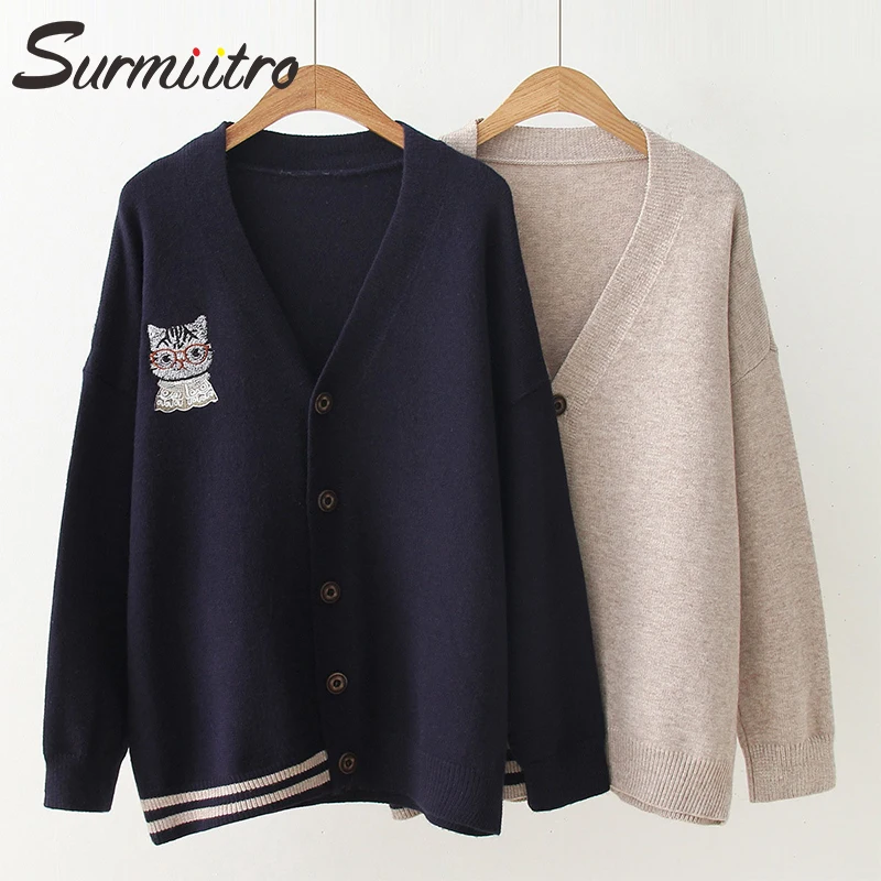 

Surmiitro Cat Embroidery Knitted Jacket Women For Autumn Winter 2019 Ladies Korean Long Sleeve Cardigan Female Sweater Coat