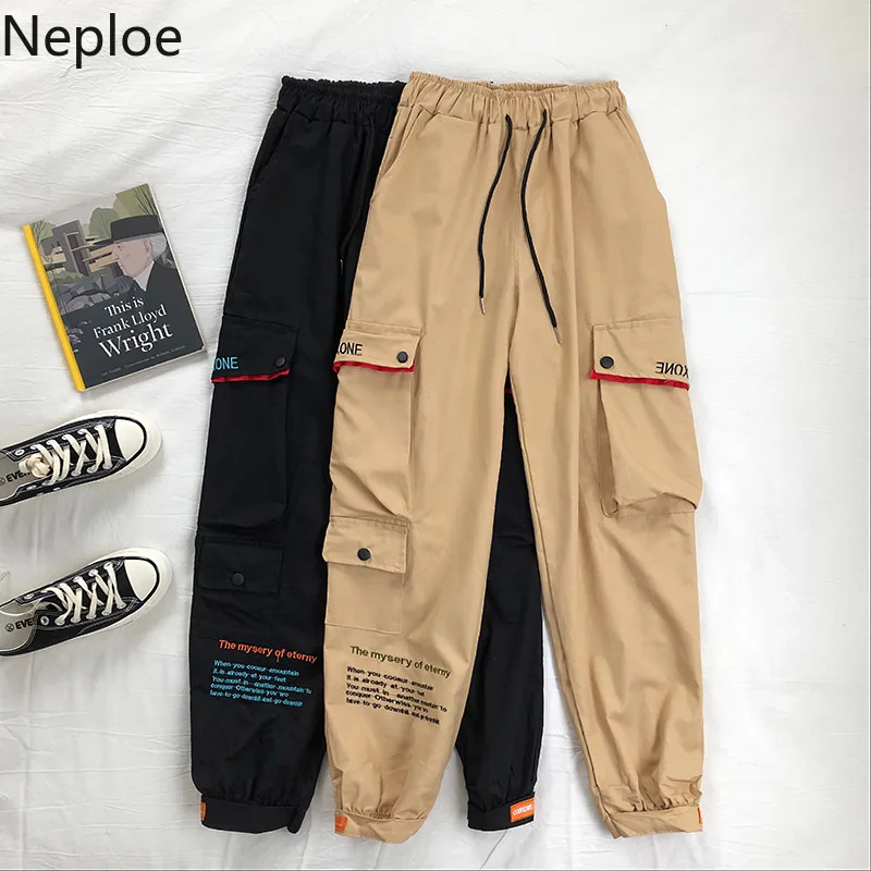 Neploe/осень, женские и мужские шаровары в стиле хип-хоп, повседневные брюки с вышитыми буквами, с карманами, со шнуровкой, с высокой талией, брюки карго 54590