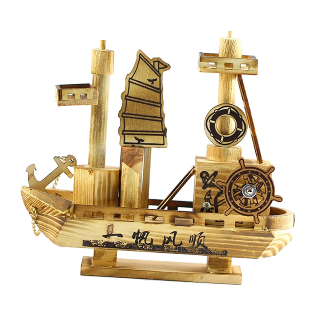 Creative Home Decoration, Wooden Crafts Sailing Figurine Small Wooden Boat Music Box, Ornaments Sailing Model Gift