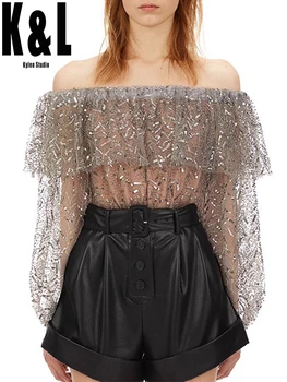 

Heavy Industry Beaded One-Piece Pleated Collar Ruffled Lantern Sleeves Long-Sleeved Mesh See-through Top In Autumn 2020 New SP