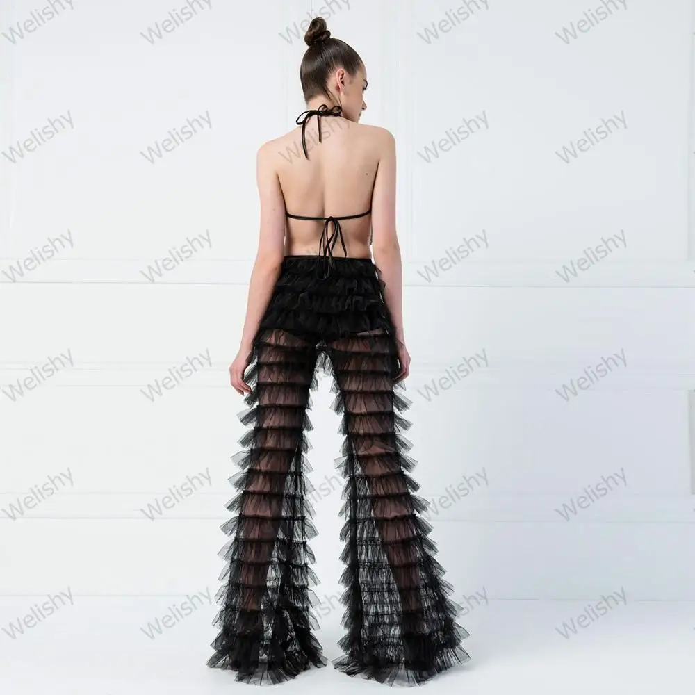 Sexy Black Tiered Ruffle Tulle Pants High Street Women Maxi Long Tulle Pants Sheer See Through Ruffled Tiered Tulle Party Wear
