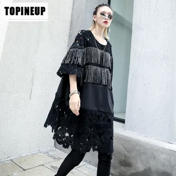 

comfortable Spring Splicing Round Neck Short Sleeve Dress Cutout Tassel Solid Color Loose Street Cool Style Dresses