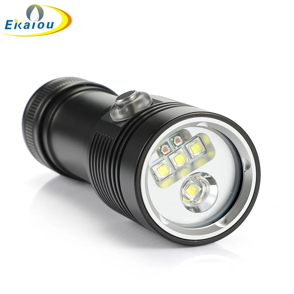 Underwater 100M Scuba Diving Flashlight Wide Beam Angle XM-L2 White Red Fill Light Dive Photography Video Torch with Ball Joint