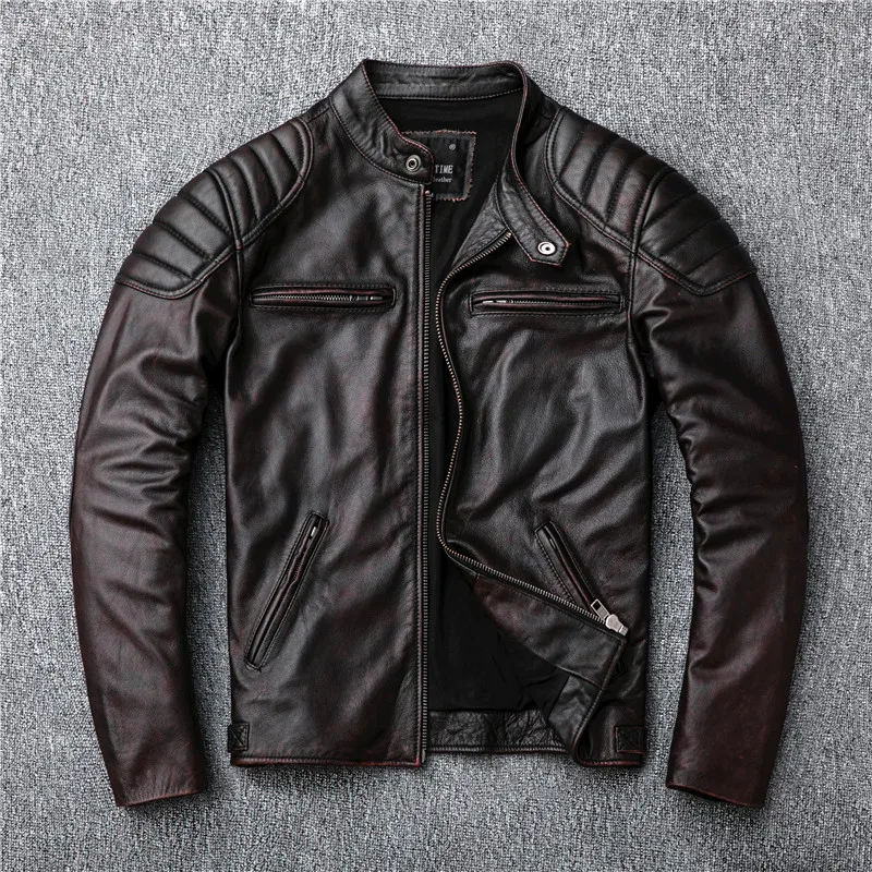 

Head layer cowhide leather leather men's collar jacket retro do old AMEKAJI red brown