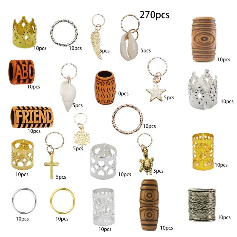 

270 Pieces Dreadlocks Beads DIY Hair Braid Accessories Letters Painted Rings Pendants Charms Hair Hoops Tiara Crown Metal Cuffs