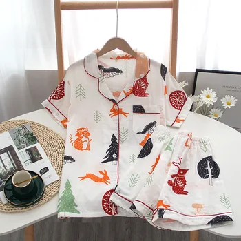 

Cartoon print pajamas Ladies cute sleepwear Short Sleeve Shorts Pijamas Double cotton gauze women's pyjamas Cardigan Homewear