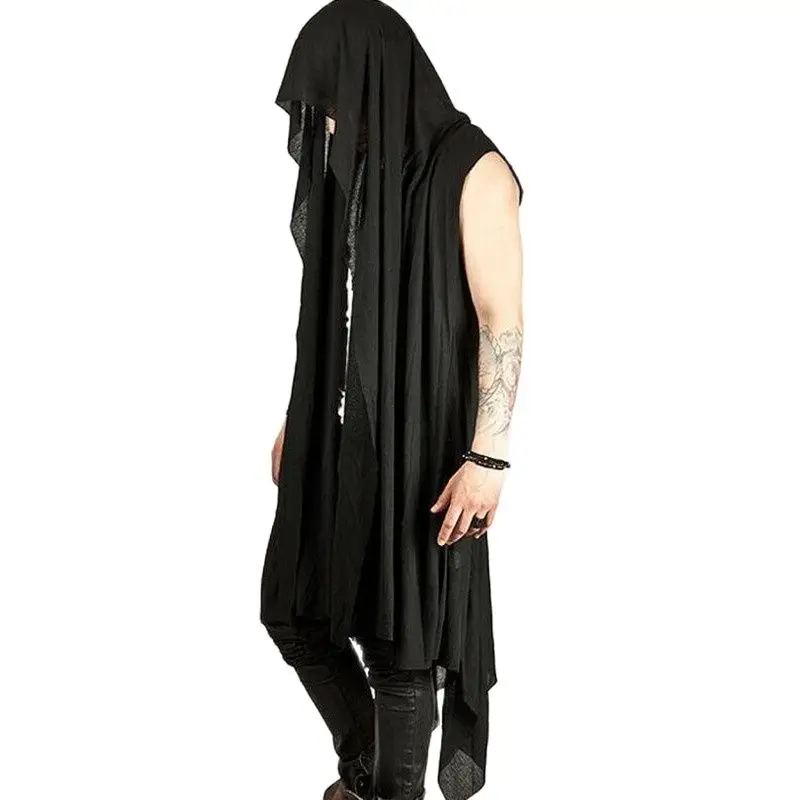 나이트 클럽 남자 힙합 펑크 긴 조끼 리넨 민소매 셔츠 케이프 남자 고딕 streetwear 조끼 가수 무대 카디건 의상