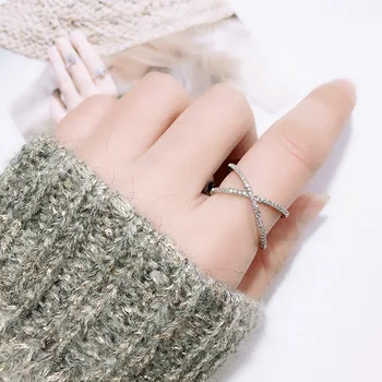 

Cute Female White Crystal Stone Ring Cool Sterling Silver Hollow Wedding Rings For Women Trendy Cross Adjustable Engagement Ring