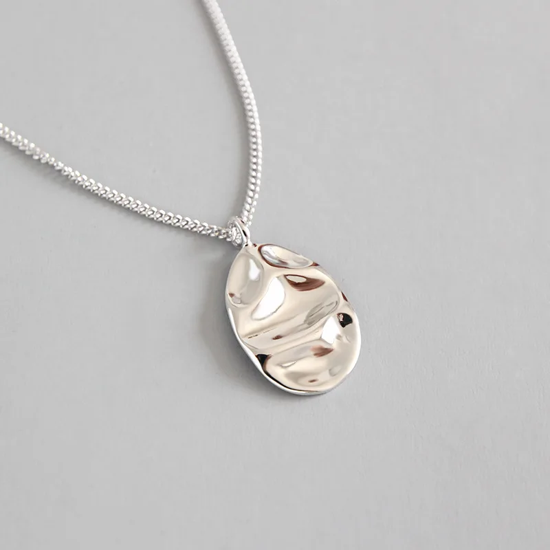 VIVIADY 925 Sterling Silver Simple Geometric Irregular Concave Oval Women Pendant Necklace Chic Korean Design Lady Jewelry