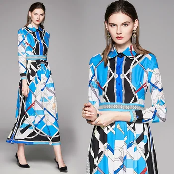 

2019 Vintage High Street Blue Maxi Dresses Autumn Winter Plus Size Print Long Sleeve Dress Elegant Women Bodycon Party Vestidos