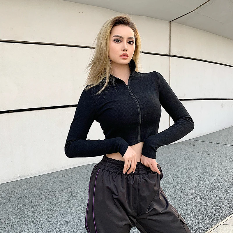 Rockmore Bodycon White Knitted Ribbed Zipper Women T-Shirt Streetwear Cotton Long Sleeve Femme T Shirts Crop Tops Tees Autumn