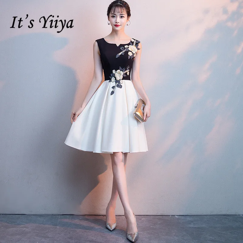 

Prom Dresses 2020 It's Yiiya R260 Elegant Knee Length Appliques Party Gowns A Line O-neck Sleeveless Black Vestidos De Festa