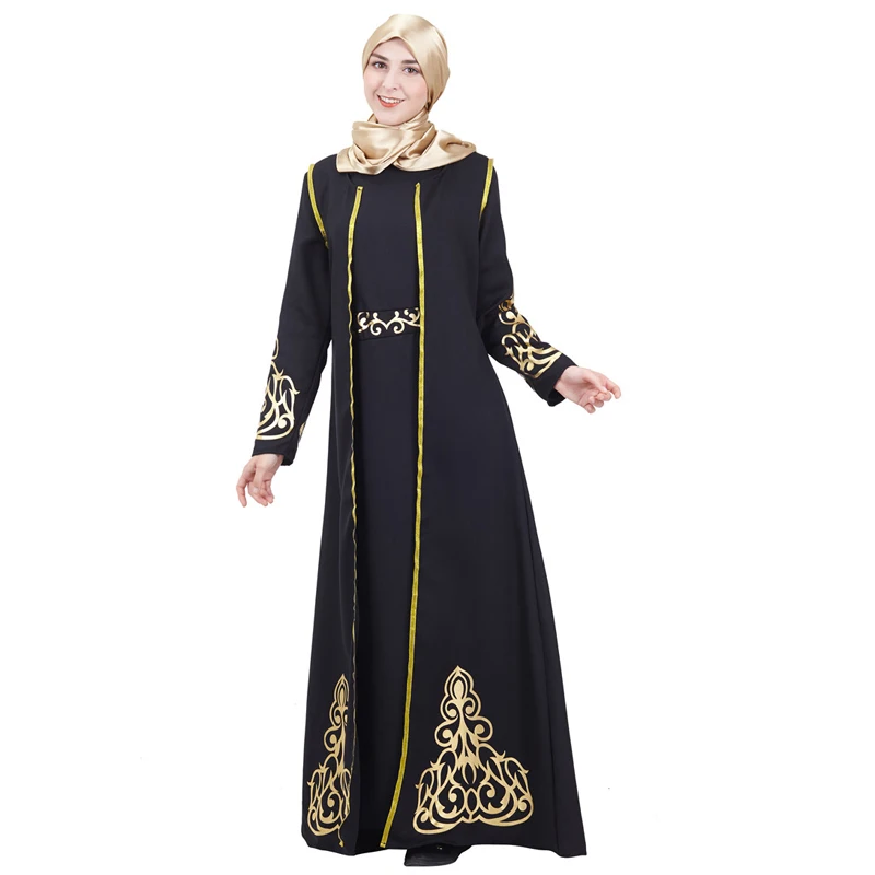 Дубаи Стильные комплекты abaya мусульманские женские пальто и платье из двух частей Золотой аппликации вечерний халат леди классический Caftan наборы - Цвет: Черный