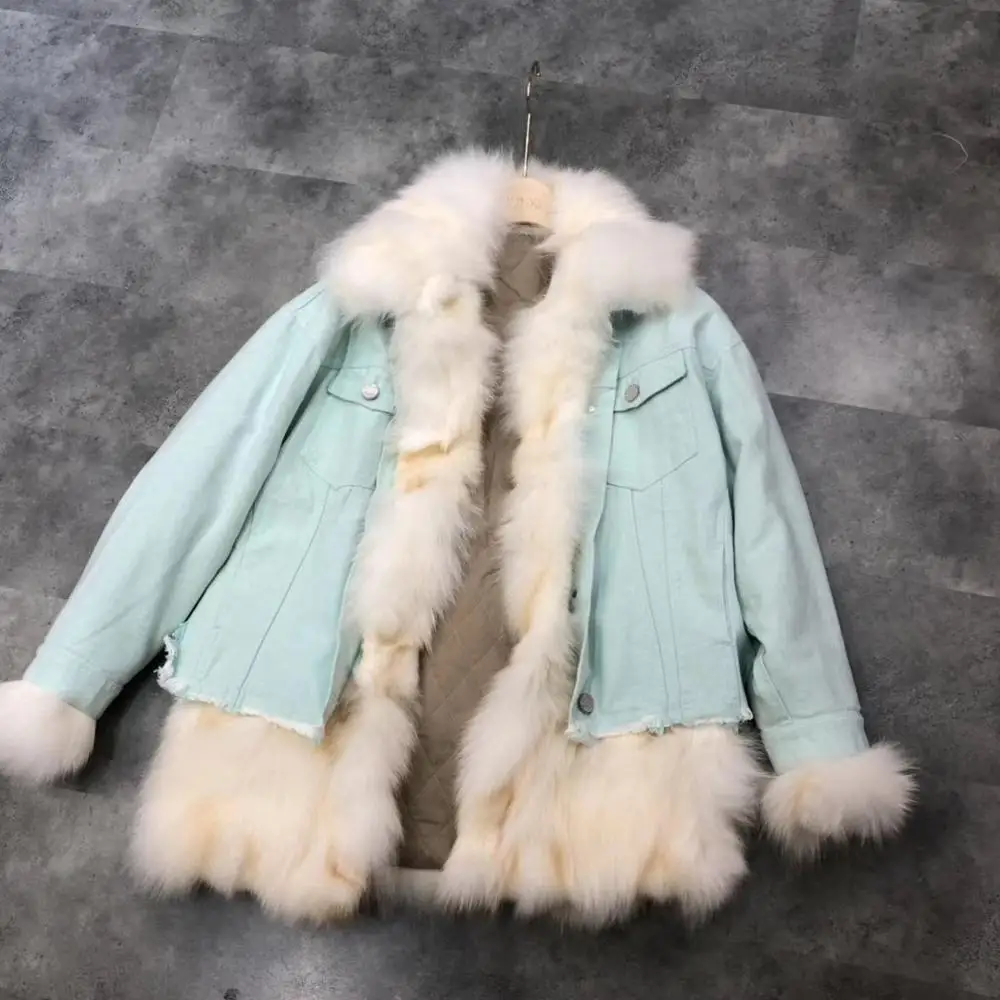 Mint color Женское зимнее пальто из натурального меха лисы, джинсовая куртка-парка, новинка, модный стиль, больше размера - Цвет: Mint color