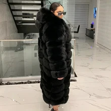 

120cm Long Black Natural Fox Fur Coat with Hood Thick Warm Fur Overcoats Female Winter Fashion Genuine Fox Fur Coats Whoel Skin