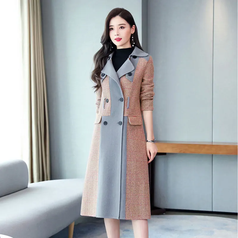 Photo Color Autumn Winter Coat Women Double-breasted Woolen Coat England Fashion Plaid wool jacket Overcoat Female Wool Coats With Belt - Color: Photo Color