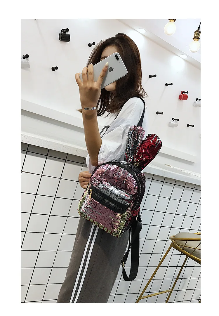 Backpack Student Sequins Rabbit Ears Bag Women Girls Backpacks Rucksack For Teenager Cartoon Cute Schoolbags Travel Backpack