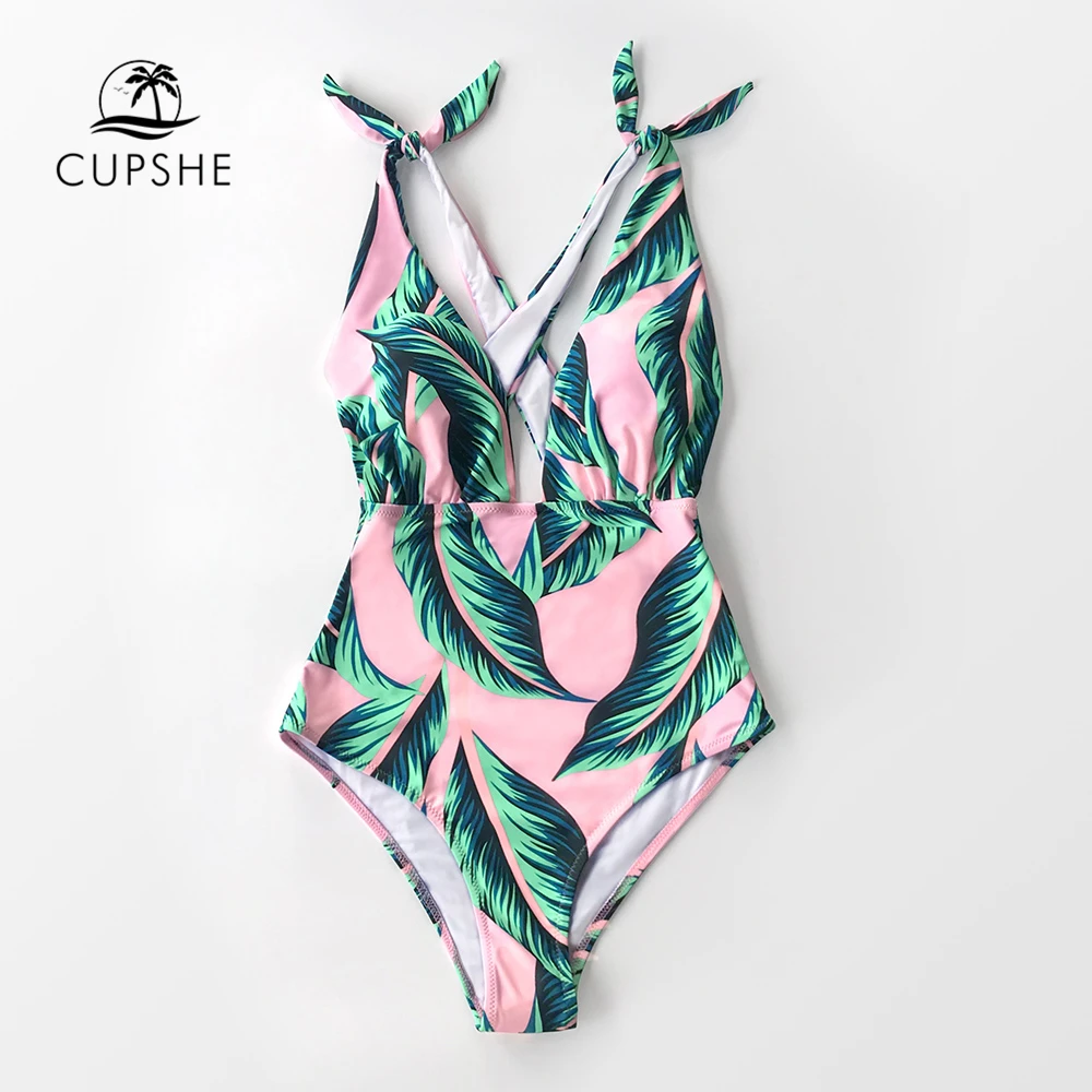 CUPSHE розовый с принтом ладони слитный купальник для женщин сексуальный v образным