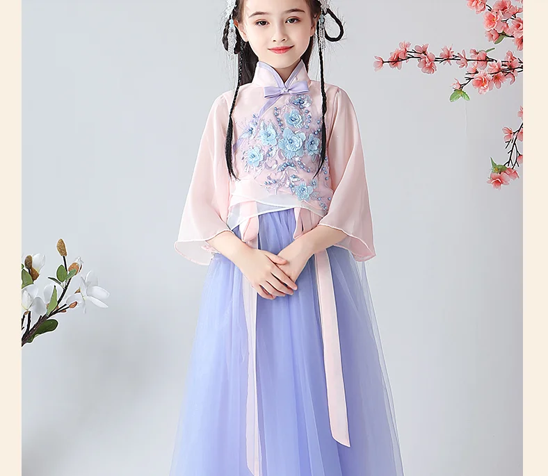 Детское платье в китайском стиле; древний костюм Hanfu для девочек; платья Феи; Дизайнерская одежда с бисером; Рождественский подарок; ZL07