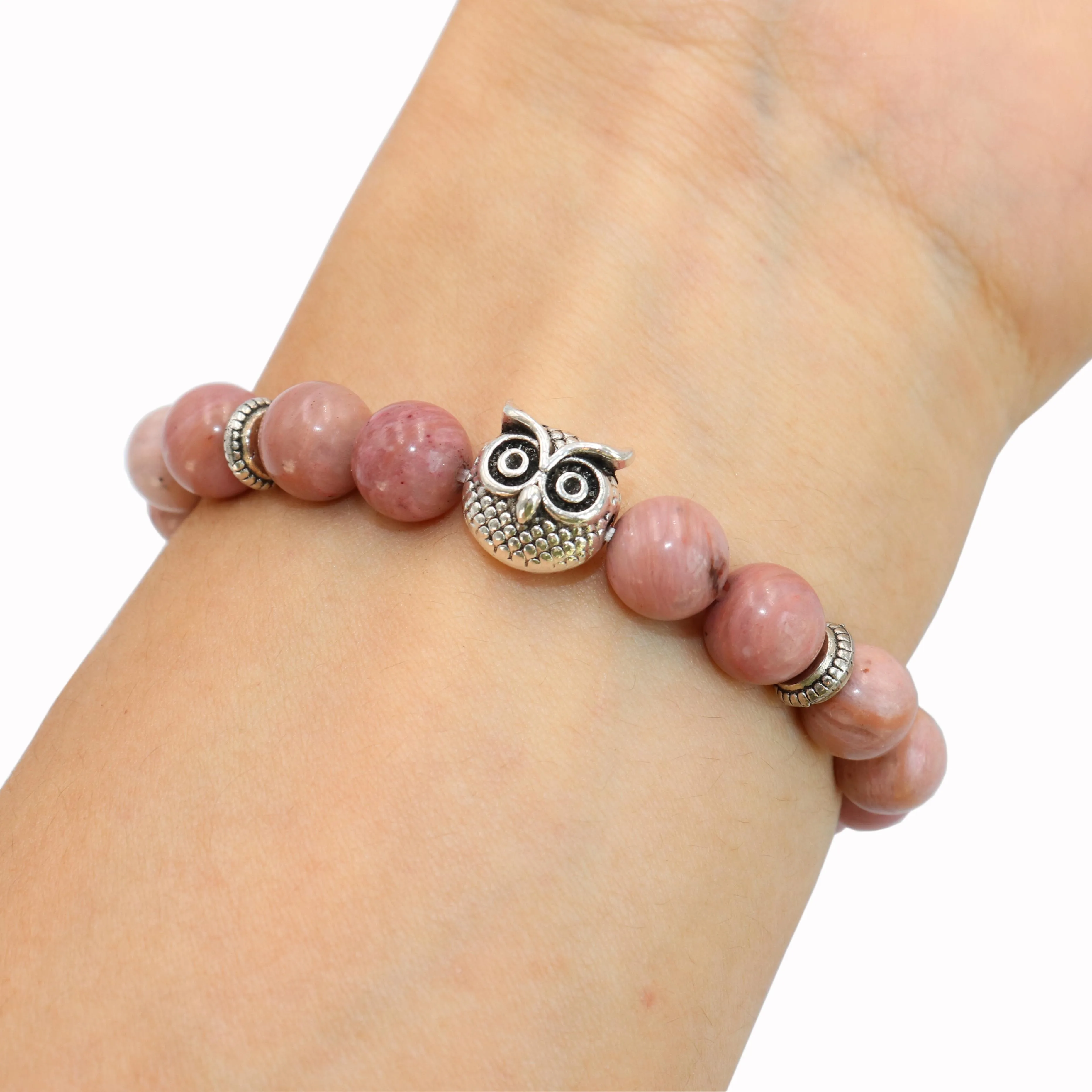 Rhodonite Stone Природный камень 8 мм Серебряный браслет Сова Агаты тигровый глаз и лавовый камень Бусины Йога чакра браслет ювелирные изделия для мужчин женщин друг подарок - Окраска металла: Rhodonite Stone