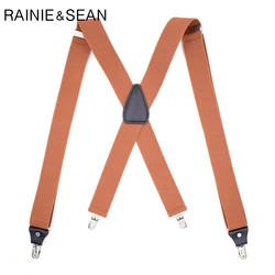RAINIE SEAN Men Suspenders For Shirt Brown Leather 120cm 4 Clips Trouser Straps X Back Wedding Vintage Male Suspenders Belt