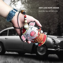 Handmade Embroidery Genuine Leather Key Holder Cute Pig Smart Key Chain Pull-Type Housekeeper Keys Ring Keychain Bag Unisex