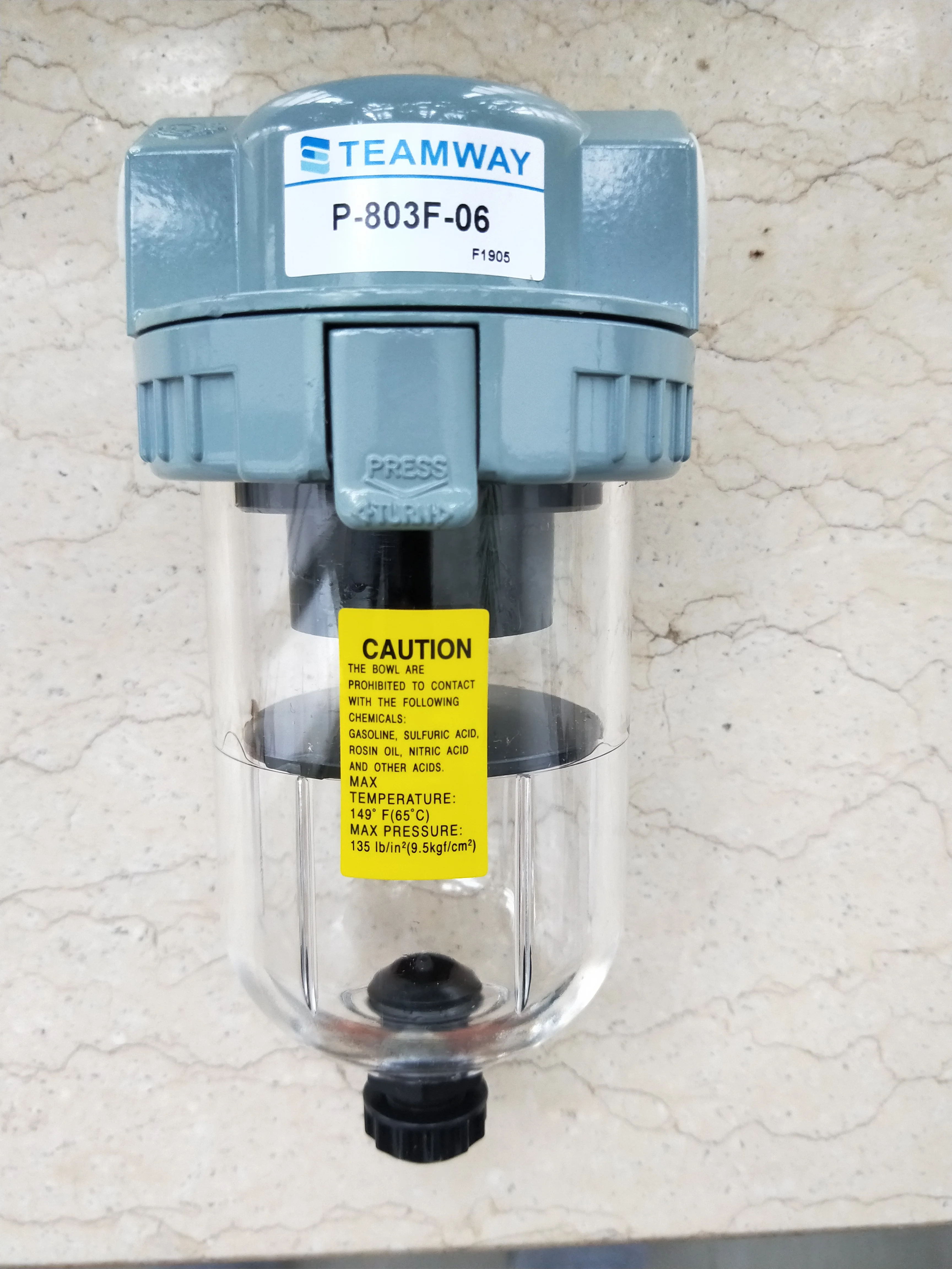 

TEAMWAY Filter P-803F-06 F1905 TEMPERATURE:149°F(65°C） MAX PRESSURE:135 Ib/in²（9.5kgf/cm²）