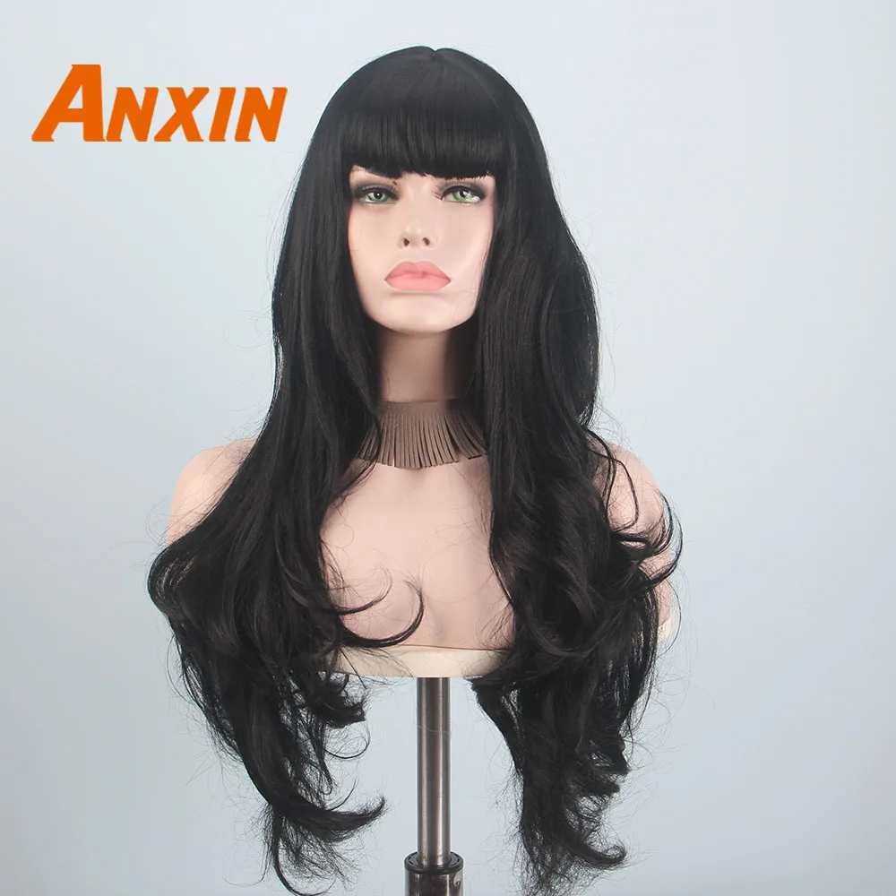 Anxin длинные черные парики для черных женщин волнистые волосы с челкой