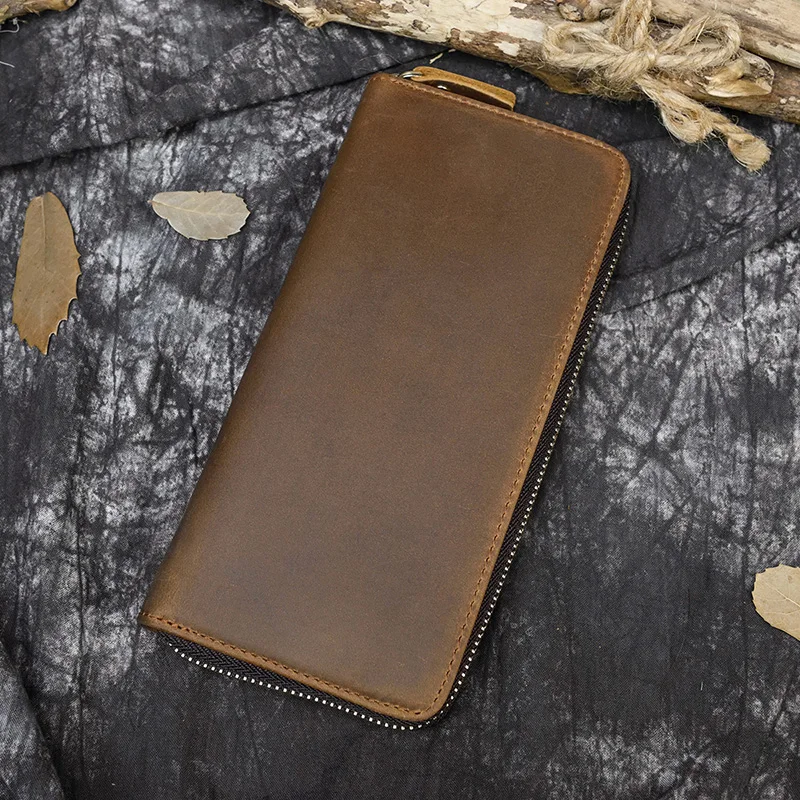 brown2 Винтажный Мужской Длинный кошелек из натуральной кожи со съемным карманом для телефона на молнии, двойной кошелек из коровьей кожи с защелкой, Чековая книжка из воловьей кожи - Цвет: brown2