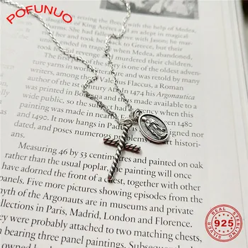 

POFUNUO Real 925 Sterling Silver Women Vintage Necklace Female Stylish Distressed Cross Virgin Mary Pendant Religious Necklaces