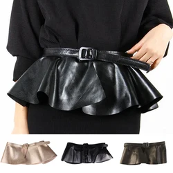 2021 Wide Gold Black Belt Women Metal Decorated Belts Pu Leather Ruffle Skirt Peplum Waistband Cummerbunds Female Dress Strap